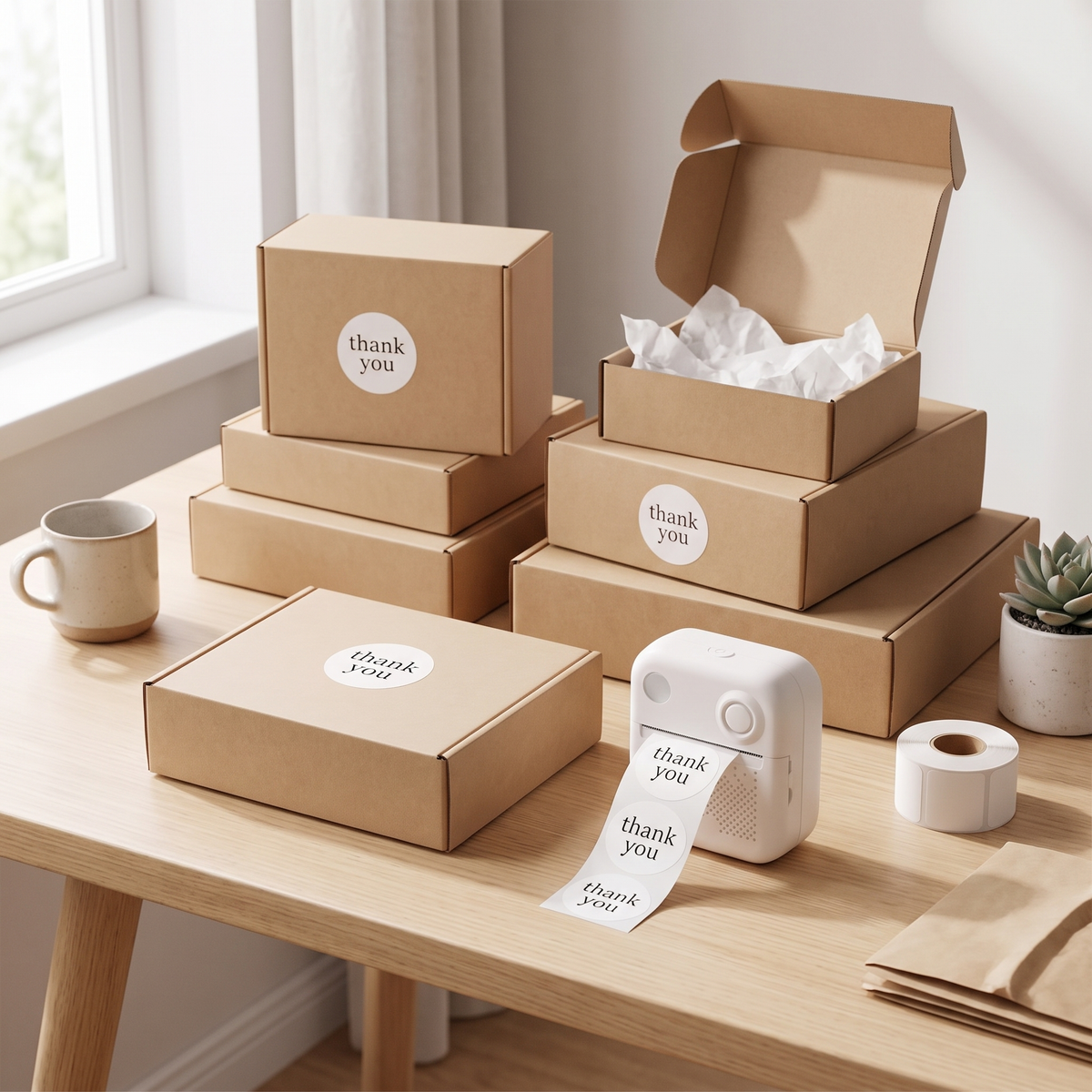 Small shop packing station with printed thank-you stickers