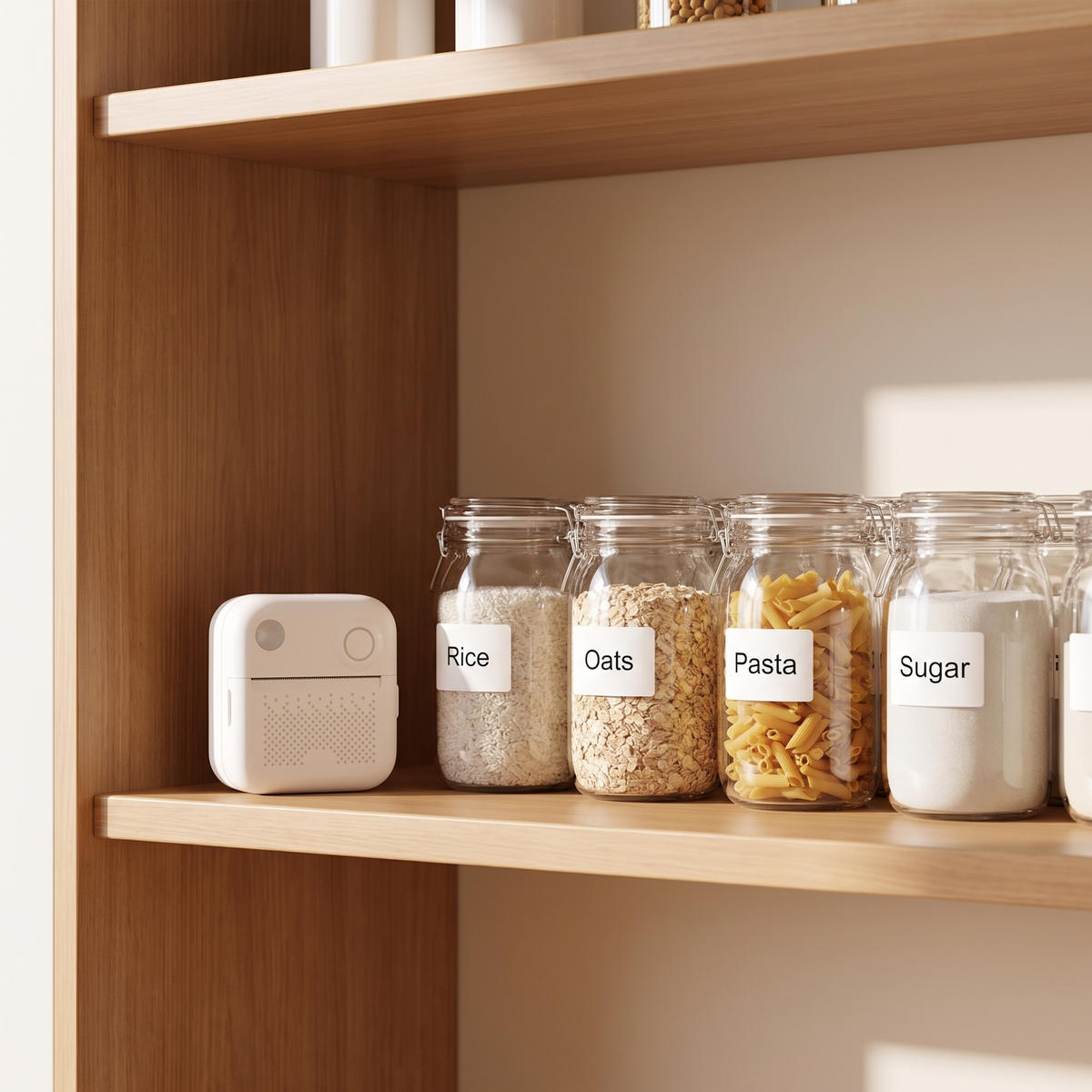Pantry jars labelled with the Inkless Mini Printer