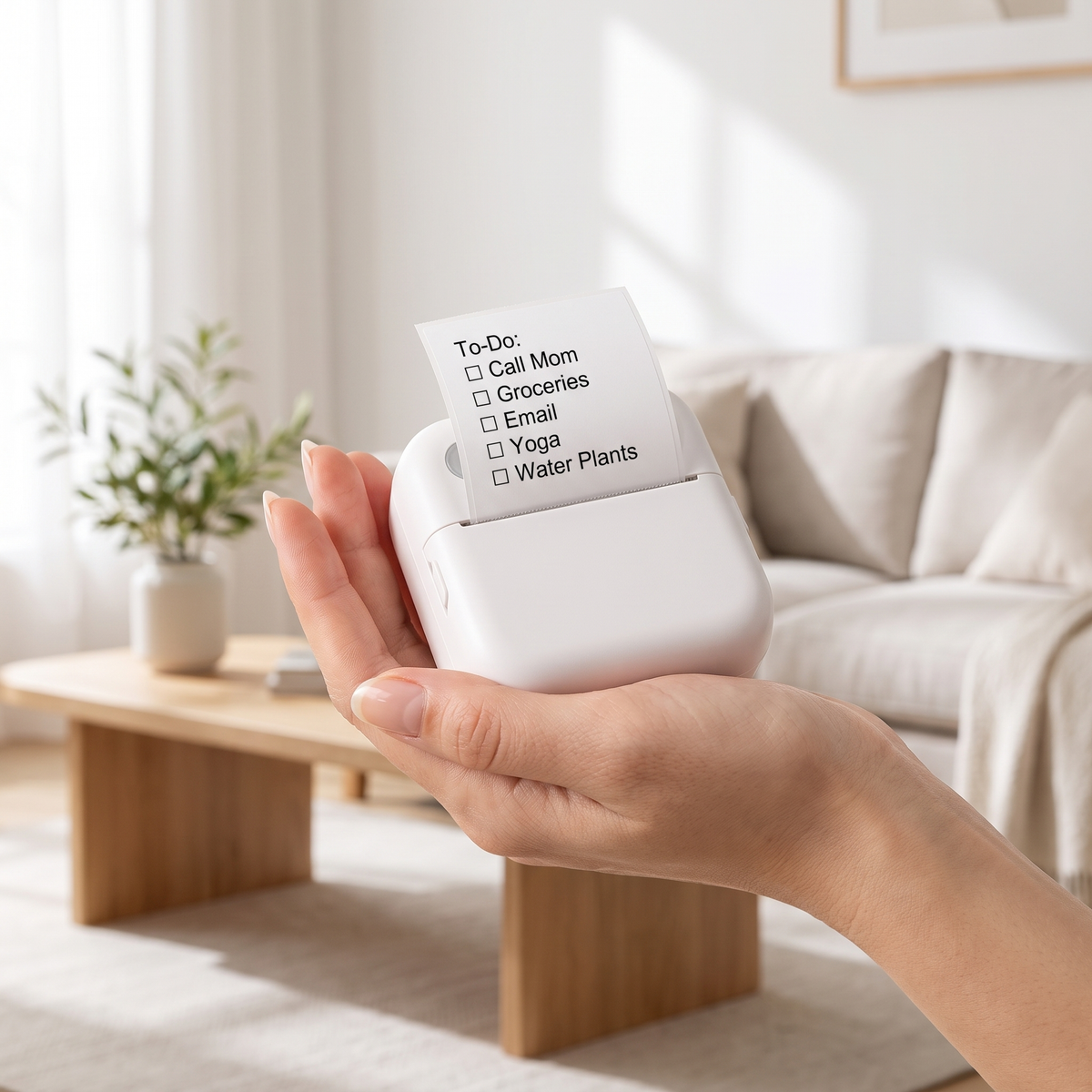 Inkless Mini Printer held in one hand, printing a checklist