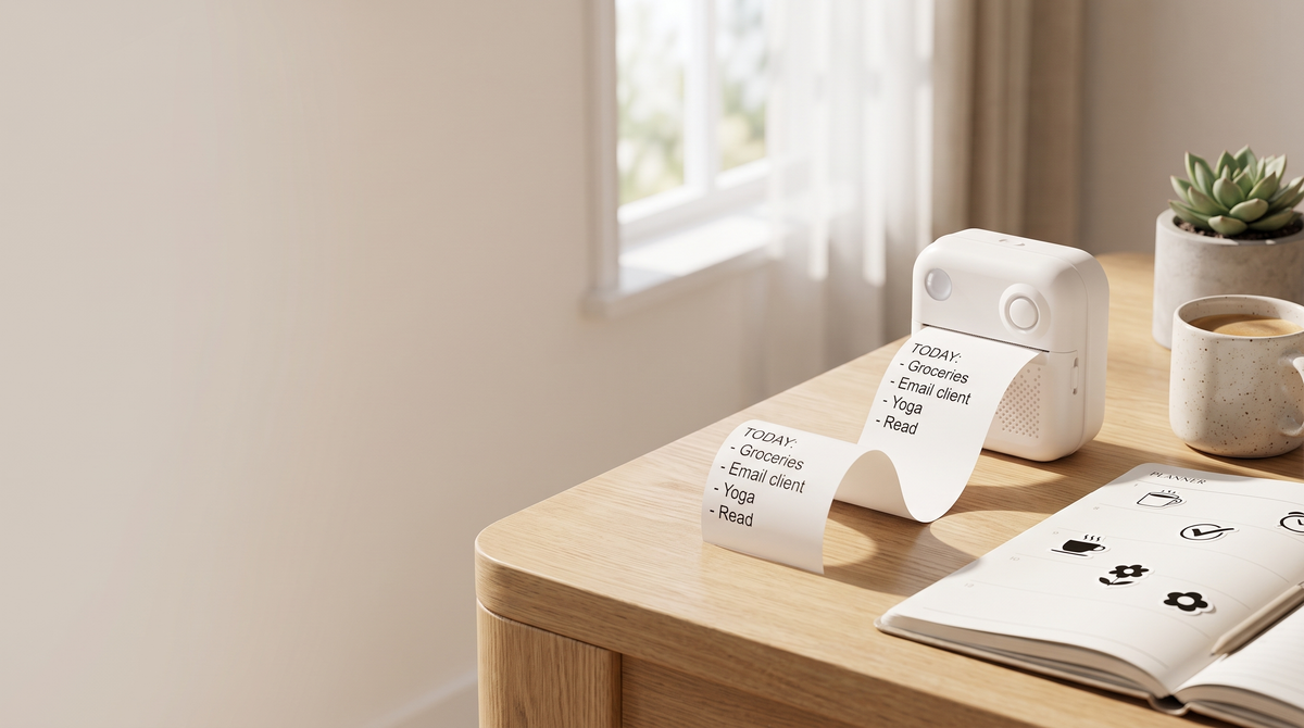 Inkless Mini Printer on a desk printing a black to-do list